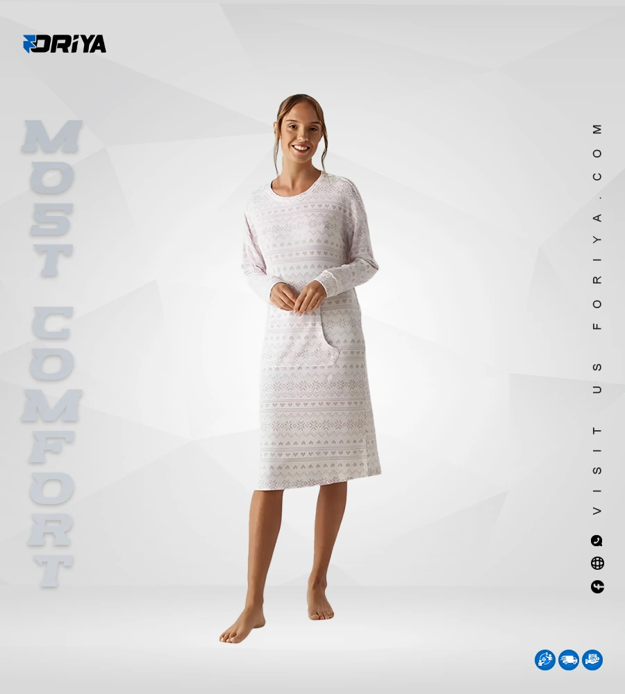 Printed Round Neck Sleepshirt with Long Sleeves and Kangaroo Pocket